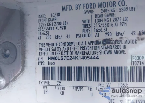 2019 Ford Transit Connect Xl z USA, uszkodzony, nr VIN NM0LS7E24K1405444